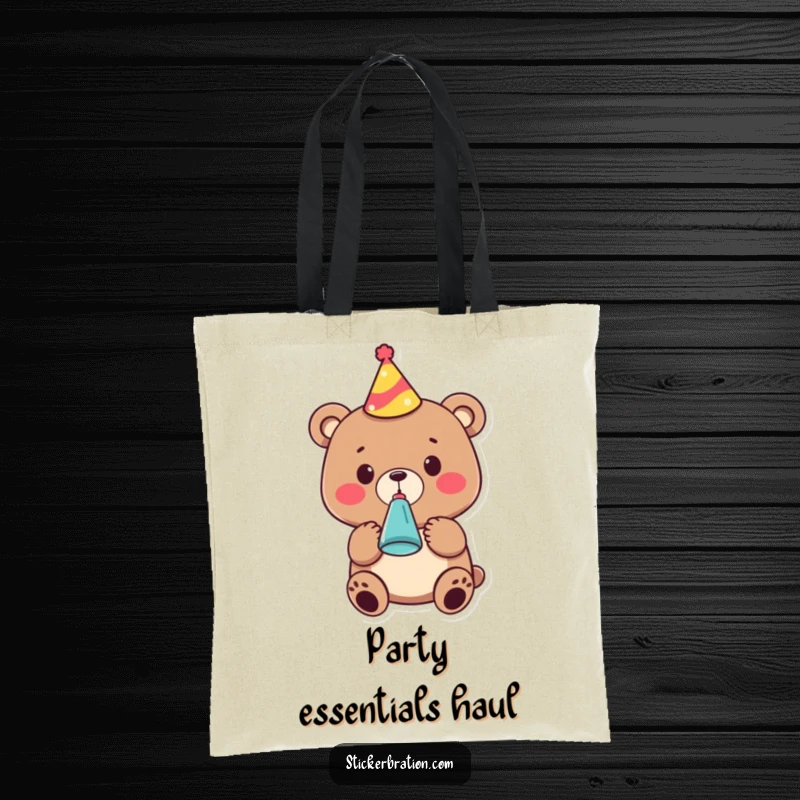 Funny tote bag featuring a cute bear character in a party hat, blowing a noisemaker, ready to carry party supplies with glee.