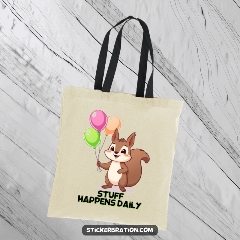 Funny squirrel tote bag featuring a mischievous character juggling an assortment of colorful balloons, perfect for adding a whimsical touch to daily tasks.