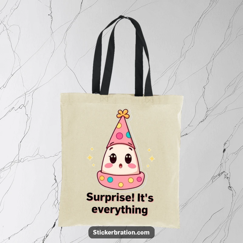 Funny tote bag with a wide-eyed, surprised party hat character popping open, symbolizing hilarious shock and unexpected discoveries.