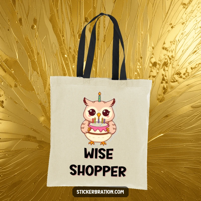 Funny cheerful owl holding a birthday cake on a tote bag, ready to celebrate.